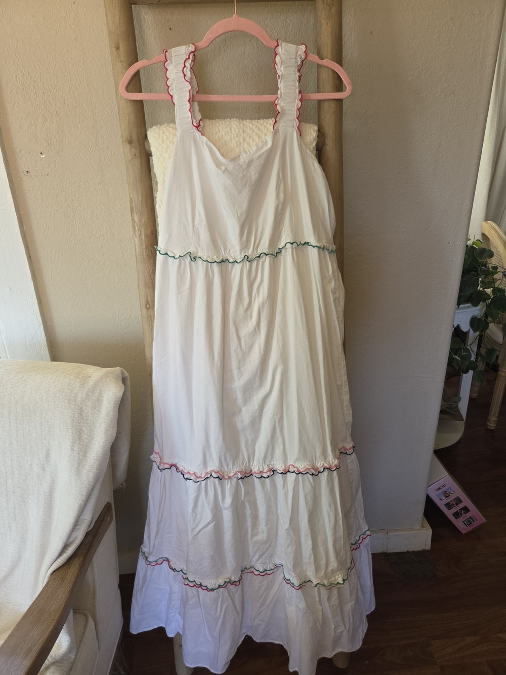 LOFT White Ruffle-Trim Maxi Dress with Pink & Green Accents